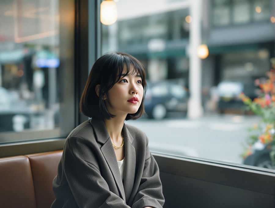 カフェで少し肩の力が抜けた様子の女性