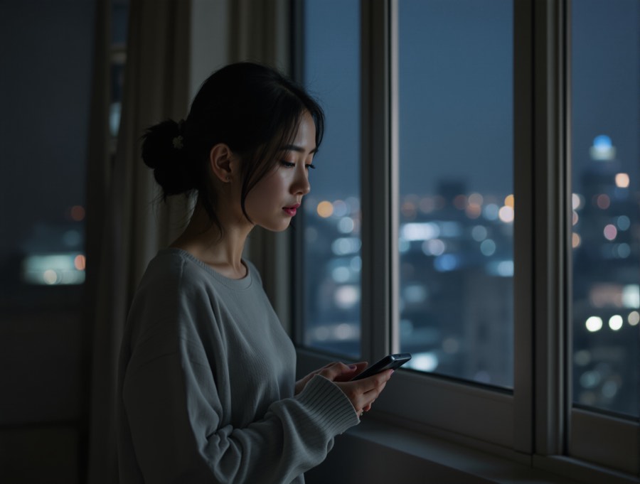 夜の窓辺でスマホを手に考え込む女性