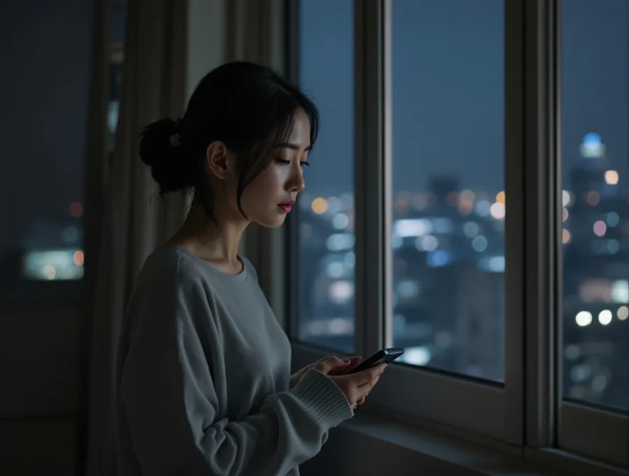 夜の窓辺でスマホを手に考え込む女性