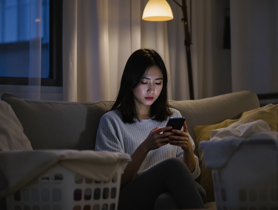 夜のリビングでスマホから探偵社を探す女性