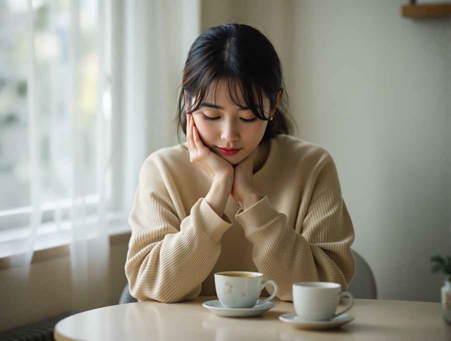 カフェでノートを前に考えを整理する女性