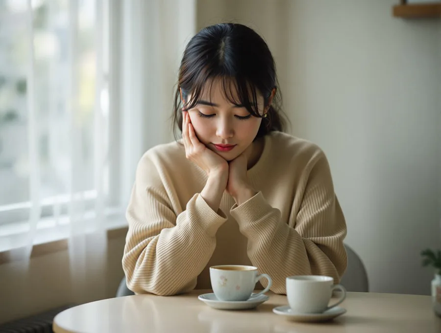 探偵に頼むか、カフェで一人考える女性