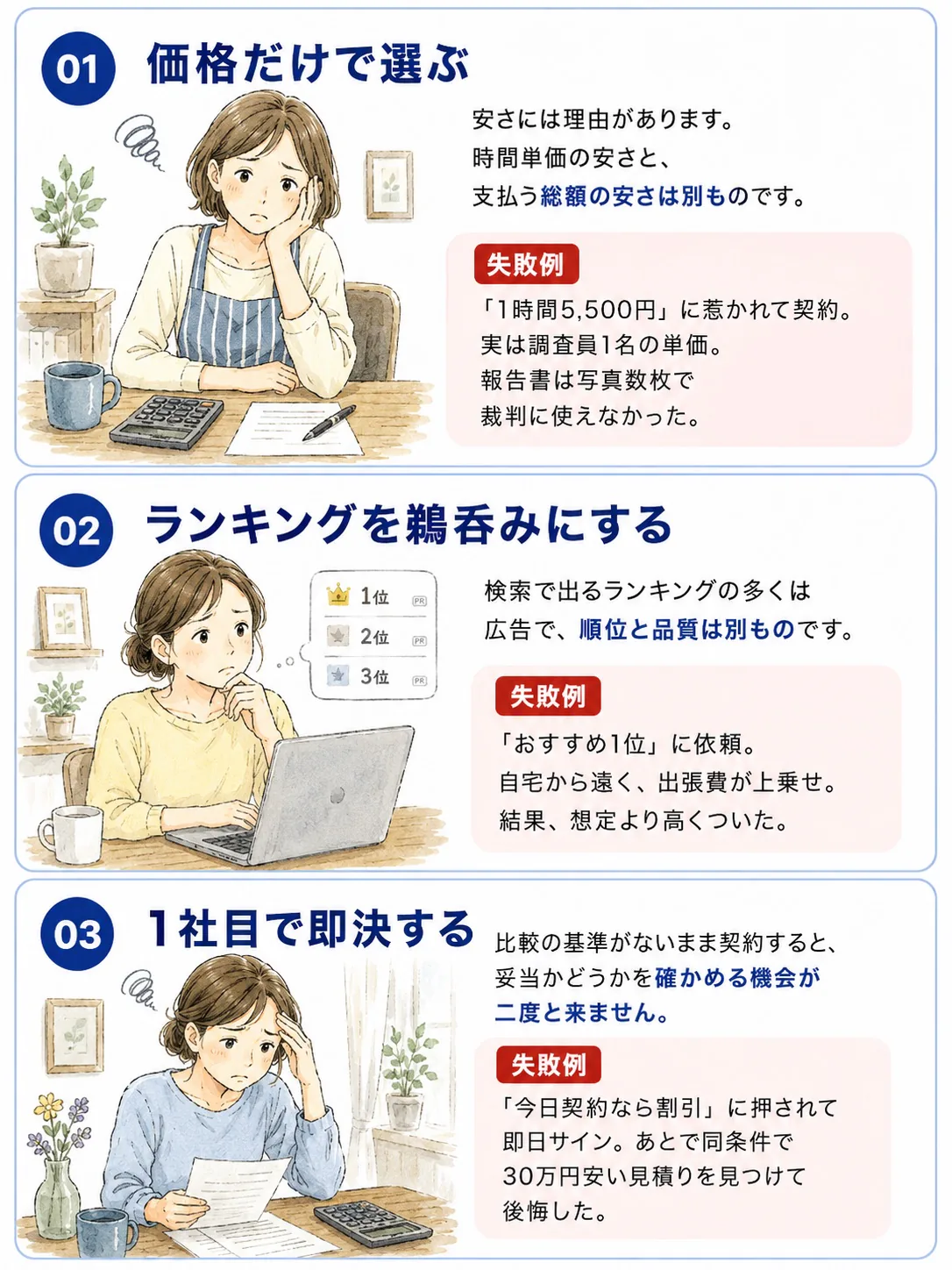失敗する選び方3つと失敗例。01 価格だけで選ぶ：時間単価の安さと支払う総額の安さは別もの（1時間5,500円に惹かれて契約したら調査員1名の単価で、報告書は裁判に使えなかった）。02 ランキングを鵜呑みにする：順位と品質は別もの（おすすめ1位に依頼したら自宅から遠く出張費が上乗せ）。03 1社目で即決する：妥当か確かめる機会が二度と来ない（今日契約なら割引に押されて即日サイン、あとで30万円安い見積りを見つけて後悔）