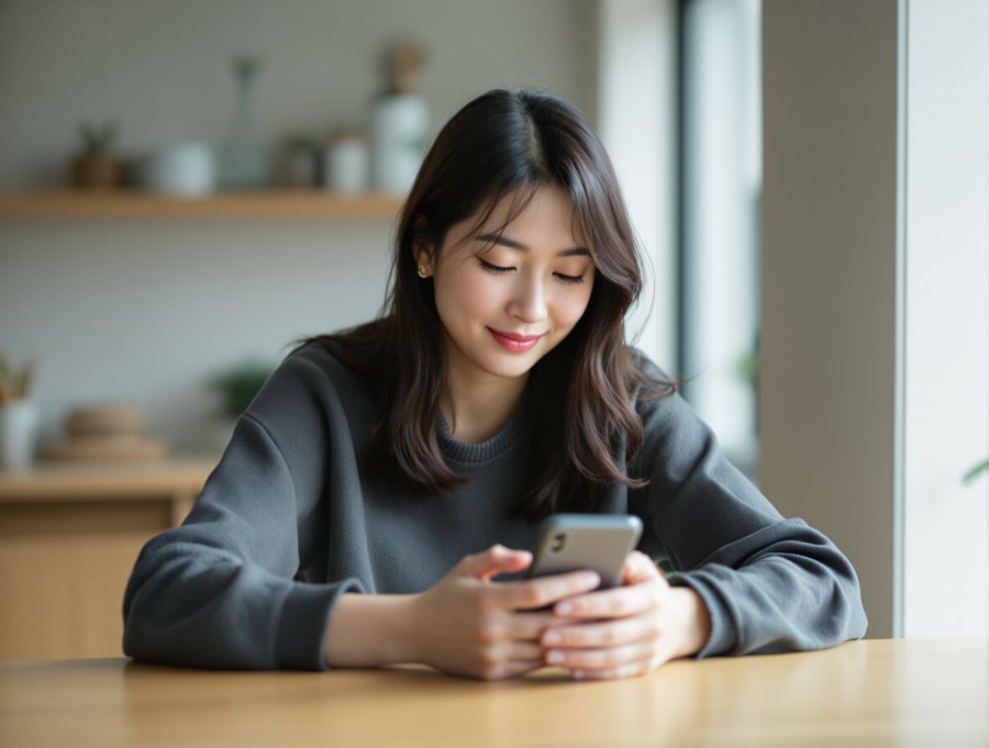 明るいキッチンで落ち着いてスマホを見る女性