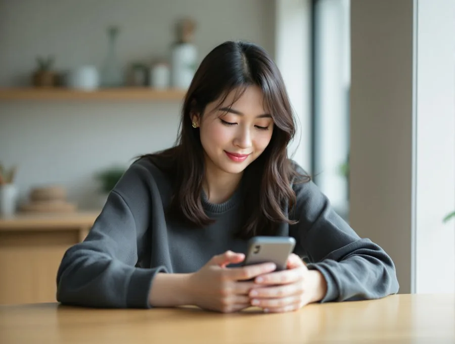キッチンで落ち着いてスマホを確認する女性